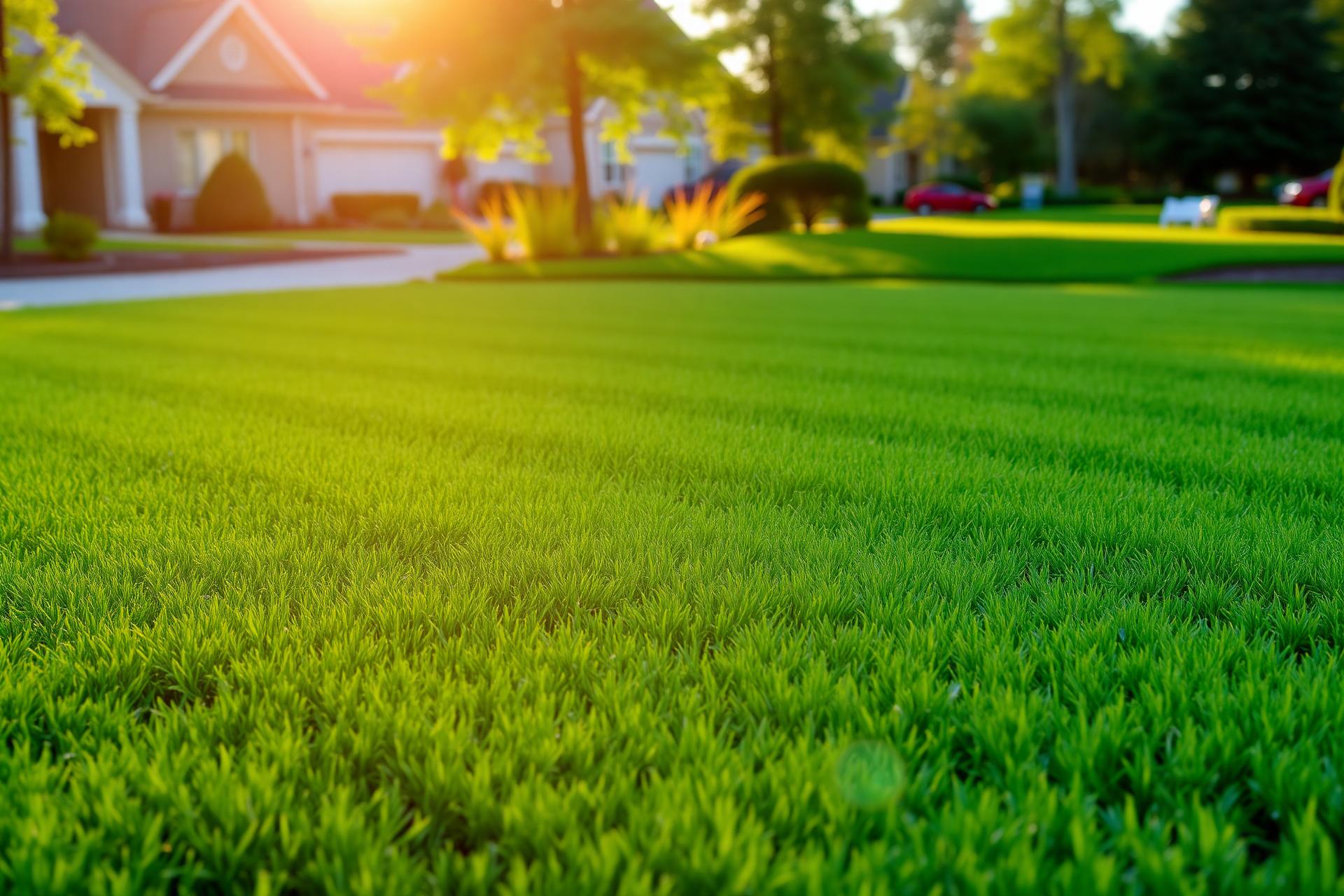 Freshly mowed green lawn at golden hour